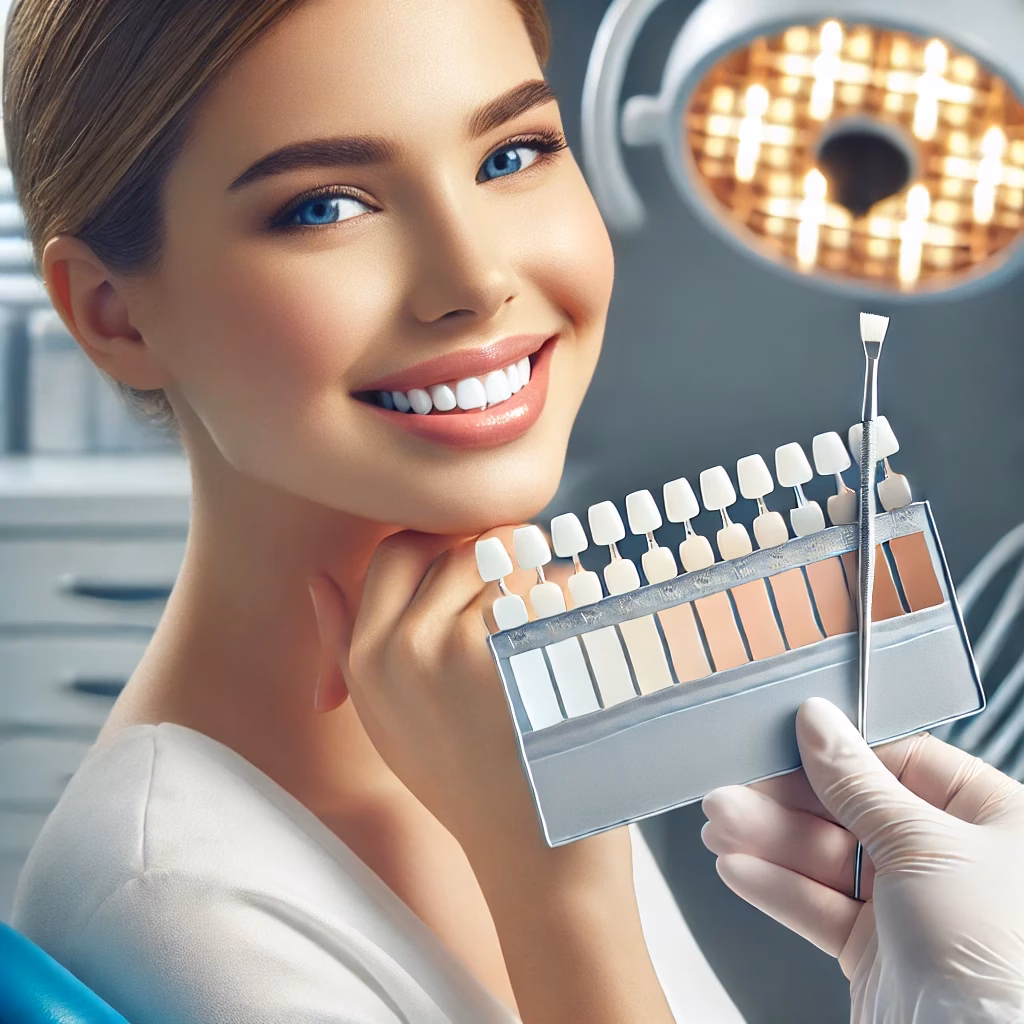 Instructions For At Home Tooth Whitening Gel 1 Dall·e 2025 03 15 23.21.30 a bright, clean dental clinic setting with a professional dentist holding a shade guide next to a patient's teeth, illustrating a teeth whitening proc
